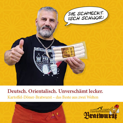 Alhay sagt: "Die schmeckt, isch schwör!" Wir sagen: Deutsch. Orientalisch. Unverschämt lecker. Kartoffel-Döner-Bratwurst - das Beste aus zwei Welten